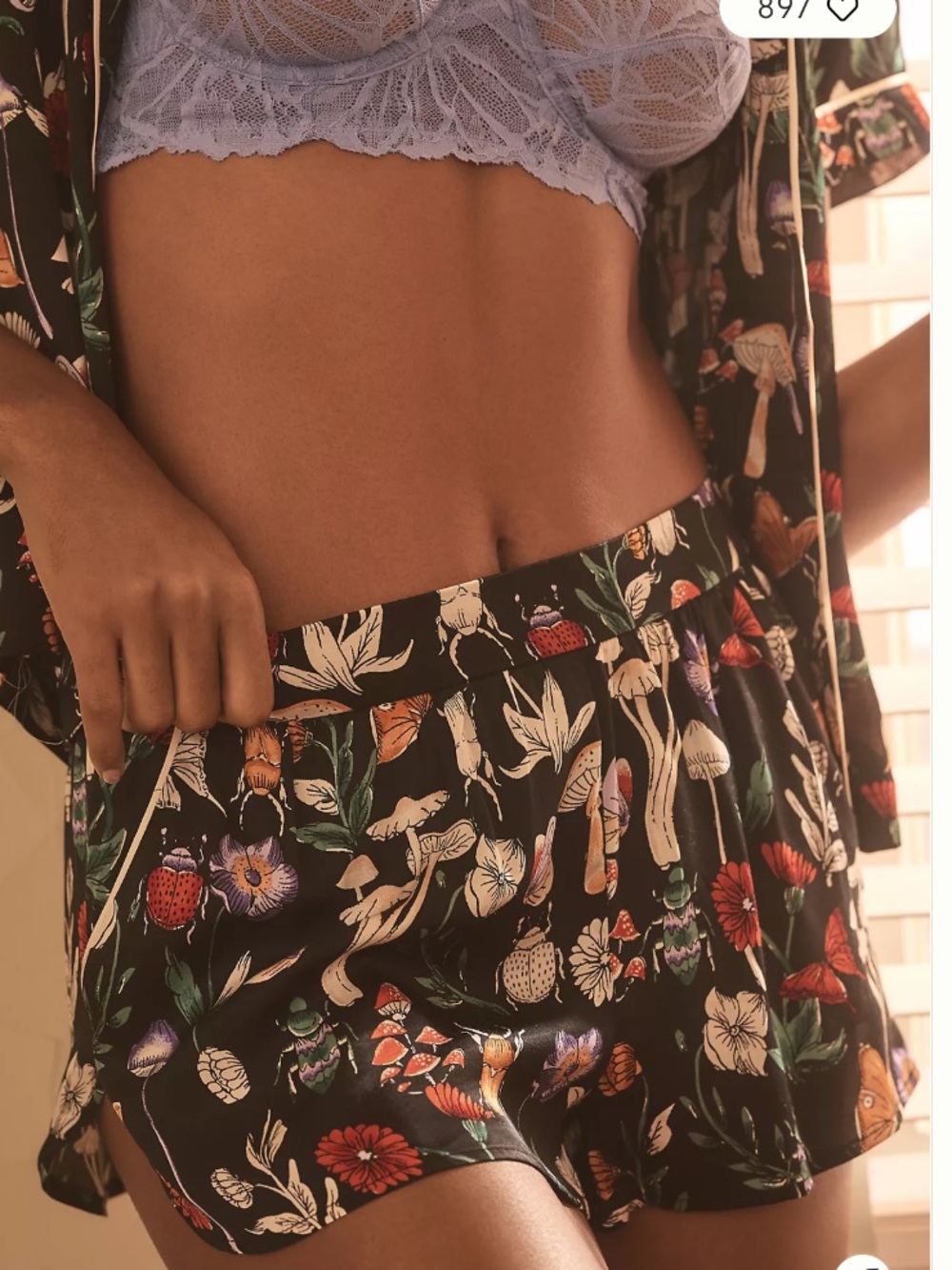 Anthropologie Silky Patterned Pajama Set Mushroom Print Top & Bottom - Picture 5 of 15